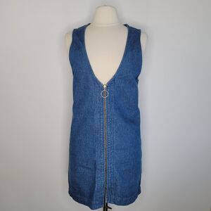 Vintage MATTER OF DEGREES Denim Mini Dress Sz 10PM BodyCon Zip Up O Ring Jean